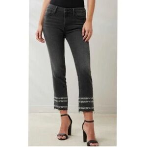 Driftwood Colette Black Denim Straight Ankle Crop Embroidered Snake Fray Hem 30